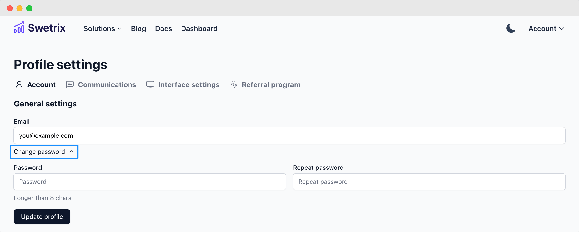 Change password screen