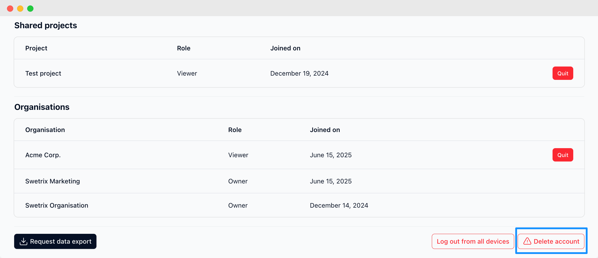 Delete account screen