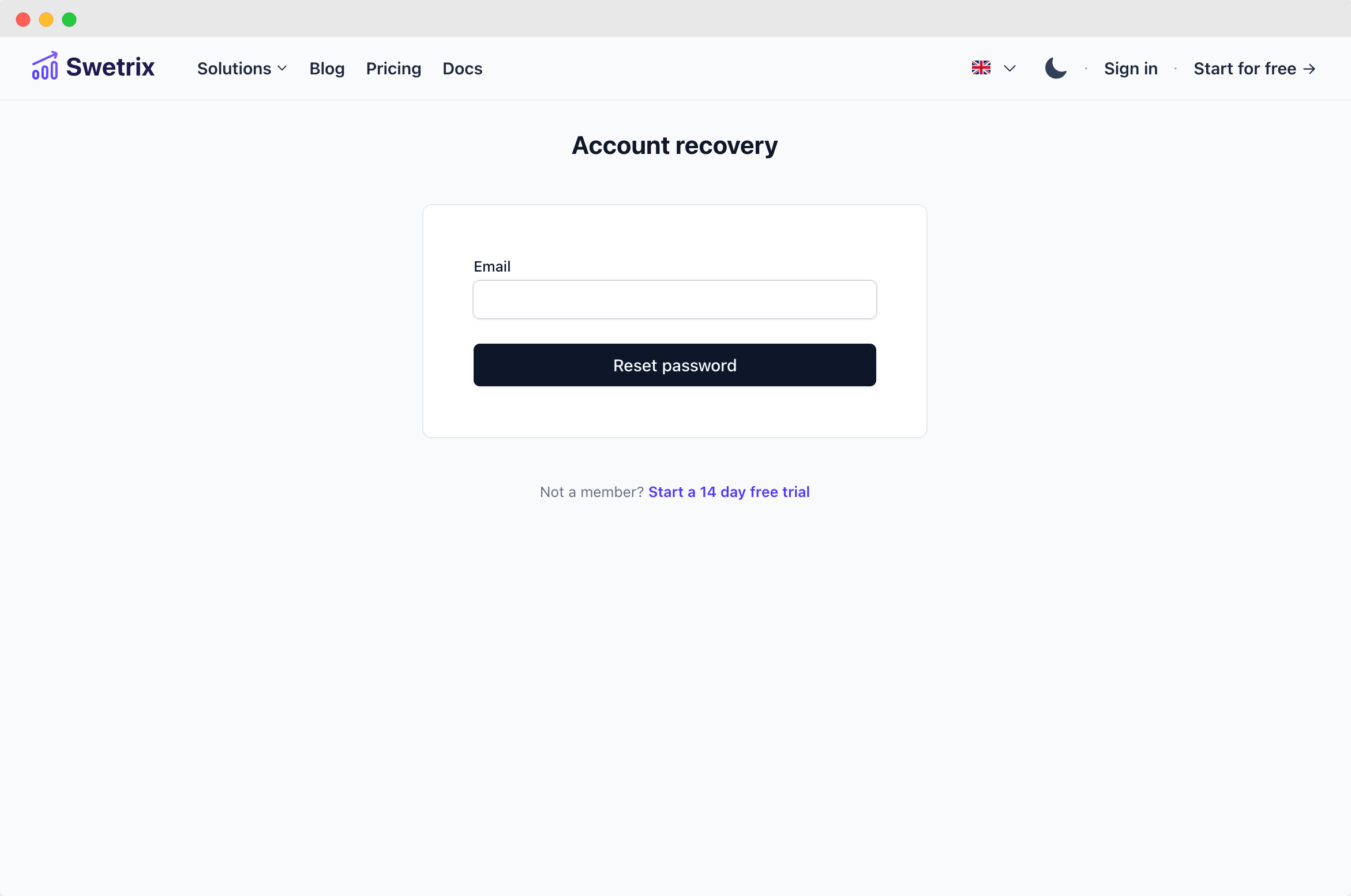 Reset password screen
