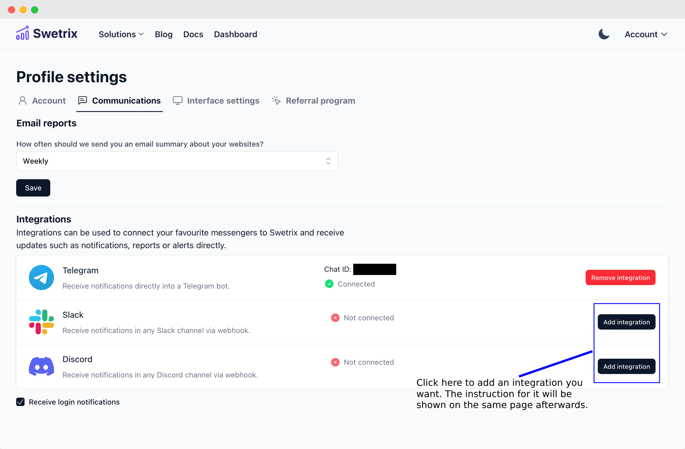 Connect integrations screen